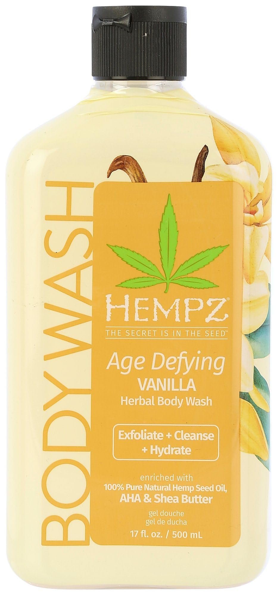 Hempz Body Wash Age Defying - Vanilla & Musk - Hydrating for Sensitive Skin, Scented, Exfoliating with Shea Butter, Pure Hemp Seed Oil, and Algae for Sensitive Skin - 17 fl oz