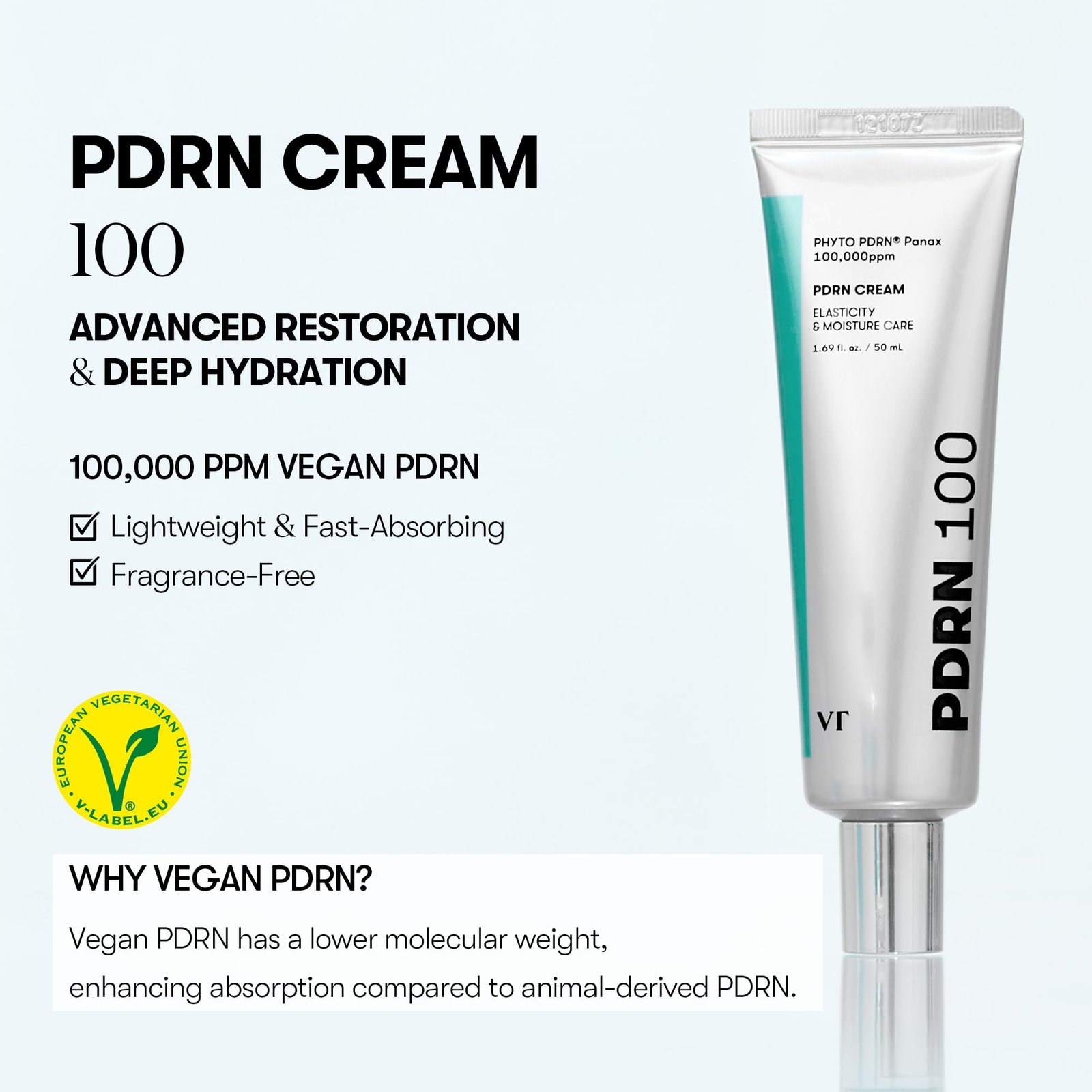VT COSMETICS PDRN Cream 100, Nourishing & Restorative Moisturizer with 100,000 ppm Vegan PDRN, Lightweight Hydrating Cream for Glowy Glass Skin, Korean Skincare